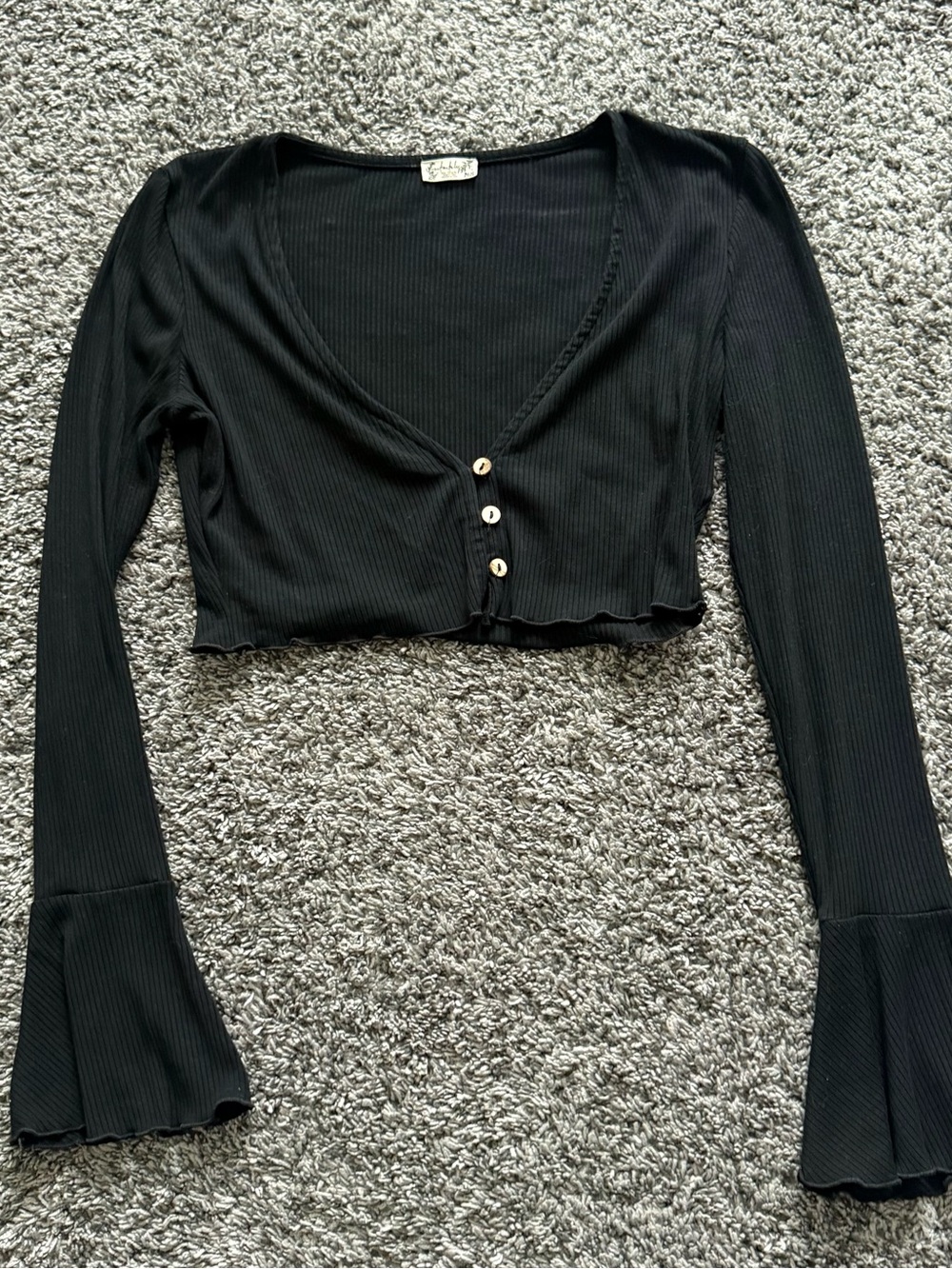 Free People Black Ribbed Cropped Button-Up Cardigan